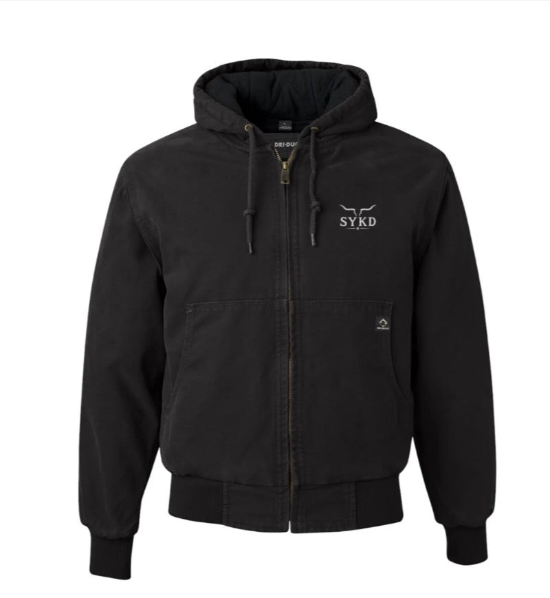SYKD branded black hooded zip-up jacket