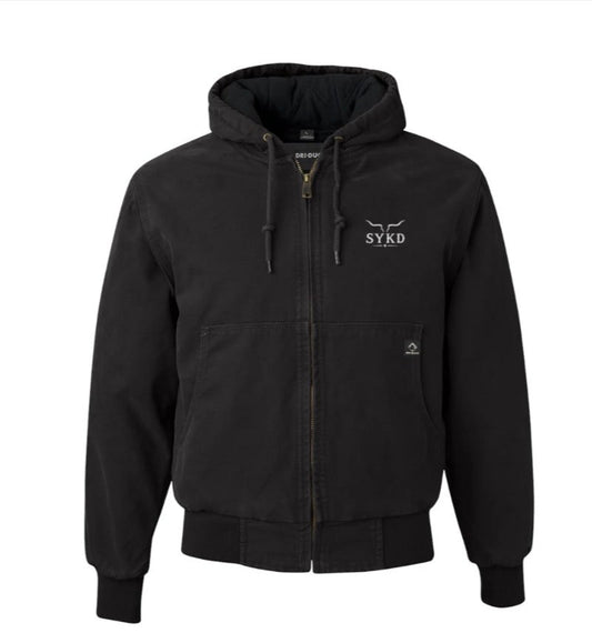SYKD branded black hooded zip-up jacket